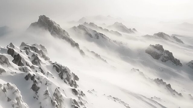 Detailed view of windblown snow forming a dense almost foglike texture in the distant mountains.