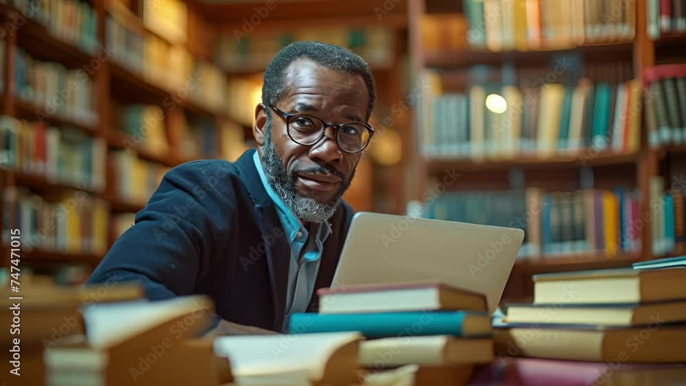 Aufkleber a distinguished gentleman surrounded by books papers and a laptop in a library eagerly taking notes 