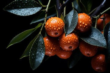 Bunches of ripe orange sea buckthorn berries hang from tree branches, ready to be picked.