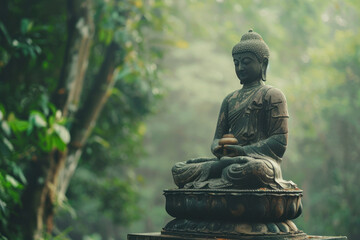 A serene stone Buddha statue meditates among vibrant green leaves, bathed in soft sunlight. Vesak day