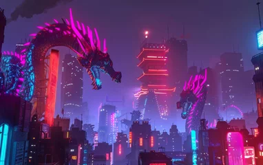 Fotobehang Neon dragons guard futuristic castles in a cyberpunk fantasy © kitinut