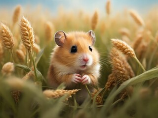 Cute hamster in the wheat field. Hamster on a background of wheat.