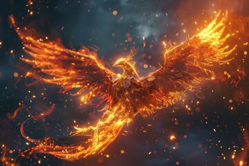 Robotic phoenix rising from ashes in a digital fantasy world - obrazy, fototapety, plakaty
