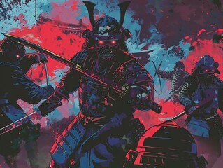 Samurai battling zombies in a dark, dystopian future