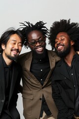 Three joyful men in smart attire laughing together.
