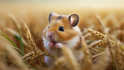 Hamster in a wheat field on a sunny summer day. Close-up.