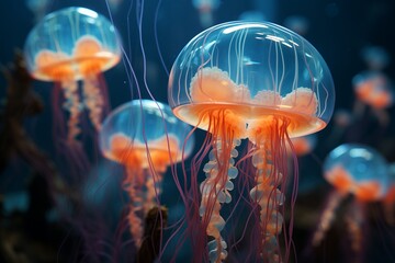 Multiple jellyfish swim gracefully in the water, their transparent bodies catching the light as they move together. - obrazy, fototapety, plakaty