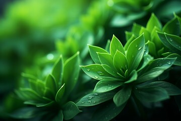 A vibrant green plant covered in sparkling water droplets, glistening under the sunlight. - obrazy, fototapety, plakaty