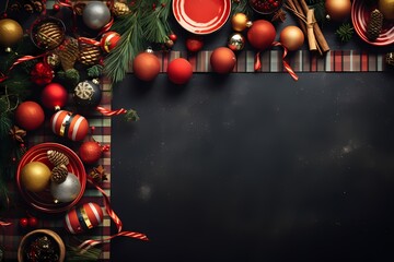Overhead shot capturing the festive spirit with carefully arranged decorations, providing an attractive background with creative space for text placement.