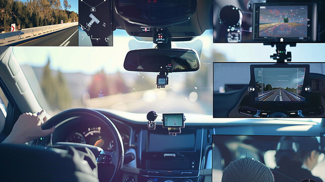 A collage showing various sensors and cameras installed on an autonomous vehicle, highlighting the advanced technology that enables it to navigate and operate without human intervention. Generative AI