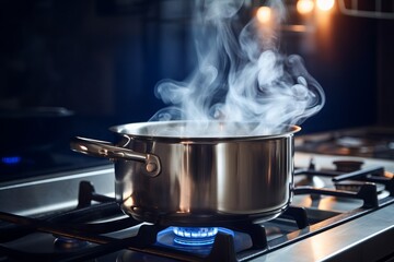 Stainless steel cooking pot on a gas stove in the kitchen - obrazy, fototapety, plakaty