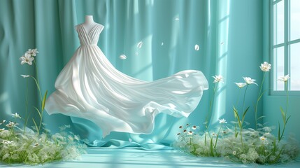 A white dress floats in the air. Flowers and petals float nearby. This idea smells good. from fabric softener - obrazy, fototapety, plakaty