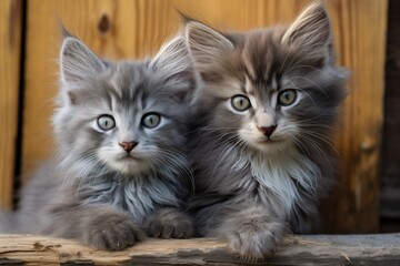 Two adorable kittens with fluffy fur sit close to each other with interesting expressions on their faces. - obrazy, fototapety, plakaty