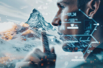 Man with a mountain range overlay, merging nature and portrait.