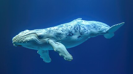 A humpback whale glides through deep blue ocean waters.