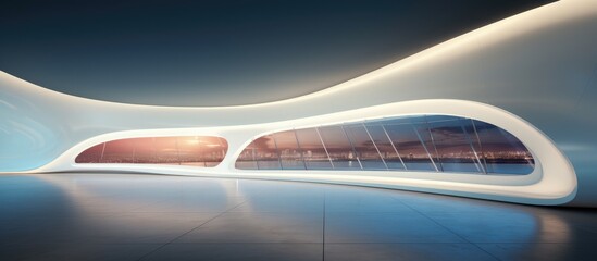 A large white building with a curved roof stands out in the night view, showcasing its futuristic and sleek architectural design. The abstract smooth interior adds to the overall aesthetic appeal.