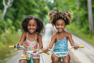 Obraz premium Two joyful children riding bicycles on a sunlit path, surrounded by nature