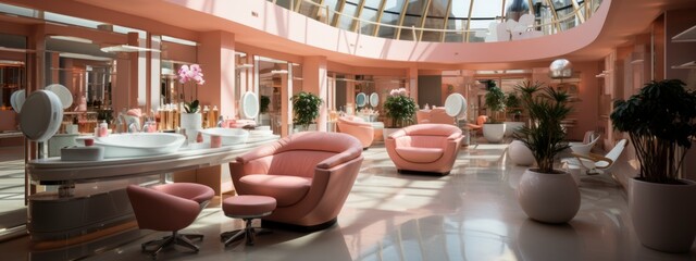 interior of beauty salon, visual style in pink colors , retro style. vintage aesthetics of the 60s....