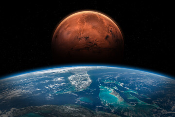Earth and Mars in space. Solar system planets in deep space. View from space of Florida, the...