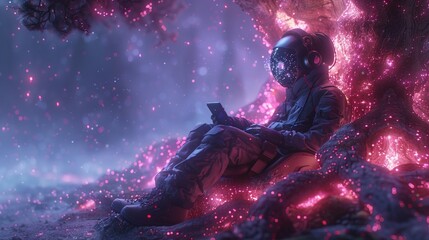 Gamers living in a fantasy world Surrounded by a fantasy world whole demon tree and magic with digital neon lines Imagination of the game world