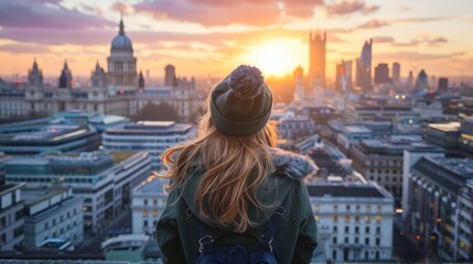 Fototapeta na wymiar Young woman admiring london's sunset skyline: future, freedom, and business success concept with beautiful city background in gentle ligh