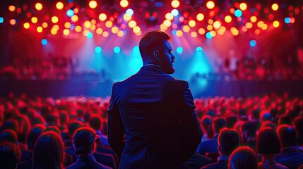 Man in a suit standing before a colorful concert crowd.
