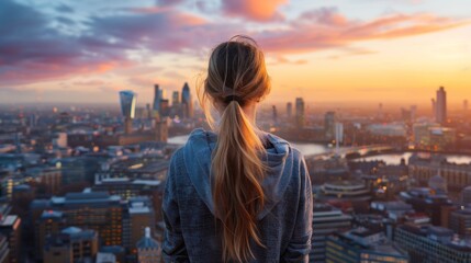 Young woman admiring london's sunset skyline: future, freedom, and business success concept with beautiful city background in gentle ligh - obrazy, fototapety, plakaty