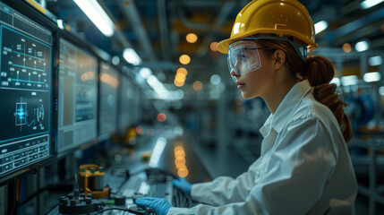 Innovative factory: Industry 4.0. Engineer discusses AI-enhanced production with female worker.generative ai