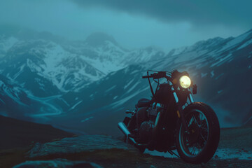 Motorcycle is parked on peak of mountain, showcasing the rugged terrain and adventurous spirit. Motorcycle trip - obrazy, fototapety, plakaty