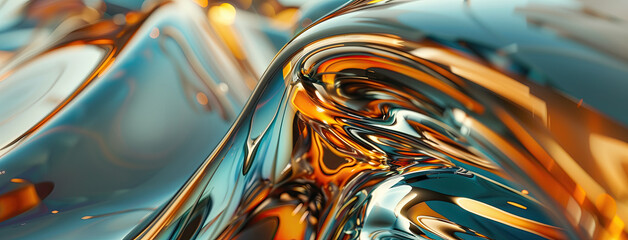 Liquid metal chromatic background with silver, blue and orange colors
