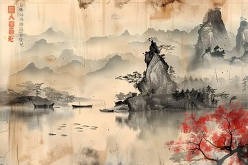 misty morning on the lake painting. Chinese lake landscape painting in exotic vintage background 