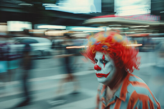 Upset clown in depression on street with people silhouettes, motion blur effect. Person with painted face staring into the void