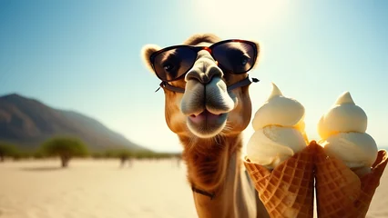 Foto op Plexiglas A camel in sunglasses with ice cream in a waffle cone in sunny weather. Copy space © OLGA