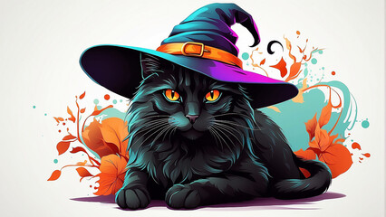 a black cat wearing a witch hat generative ai