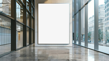 Blank advert mockup hanging on a wall in corporate building hallway. Empty banner in office interior with no people