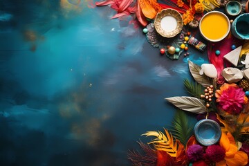 Overhead shot of a festively adorned space, featuring a symphony of colors and textures, creating an ideal background with space for text.