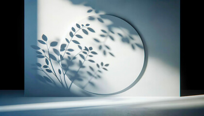 Backdrop for product presentations. blurred shadow of leaves and plants on a white wall