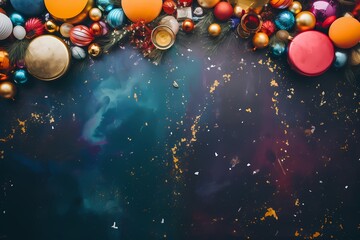 Overhead shot of a festively adorned space, featuring a symphony of colors and textures, creating an ideal background with space for text.