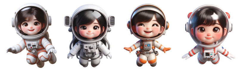 Little girl astronaut character set, asian, 3d style isolated