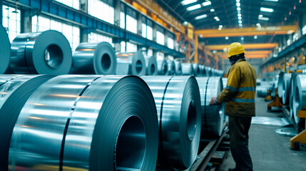 Loading galvanised steel rolls with gantry crane in huge warehouse. - obrazy, fototapety, plakaty