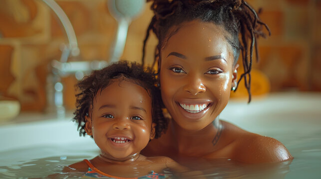 crazy young black woman and her toddler having fun in the bathroom. close up shot, enteratinment. free time, lifestyle.generative ai
