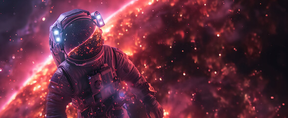 Astronaut floating in outer space with nebula and star background. Space exploration and adventure concept. Banner with copy space for Cosmonautics Day event. - obrazy, fototapety, plakaty