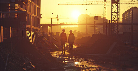 two construction workers working at sunset