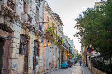 Historic buildings on Calle Amargura Street at Calle Cuba Street in Old Havana (La Habana Vieja), Cuba. Old Havana is a World Heritage Site. 