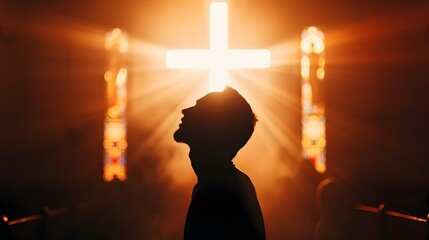 Man Silhouetted in Prayer in a Church - obrazy, fototapety, plakaty