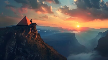 Person Standing Near Tent on Cliff at Mountain Sunset - Powered by Adobe