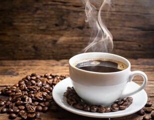 Dampfende Tasse Kaffee und Kaffeebohnen mit alten Holzhintergrund