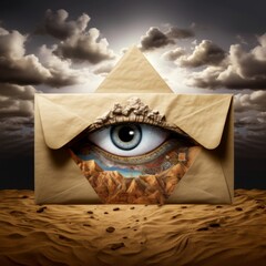 A mesmerizing brown envelope reveals a surreal view of majestic mountains under a clear blue sky, observed through a detailed eye, stirring curiosity and contemplation.