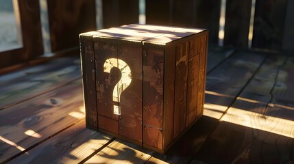 Wooden Crate with a Question Mark in Hyper-Realistic Sci-Fi Style