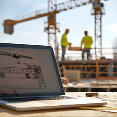 Laptop with Construction Site in the Background Engineering and Technology in Industry - obrazy, fototapety, plakaty